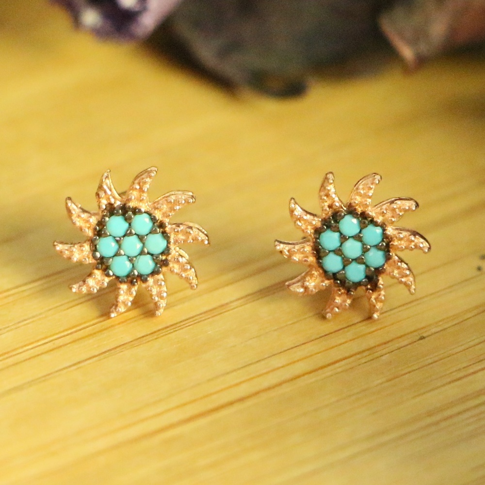 925 Sterling Silver sun Earrings with Turquoise - Picture 2 of 8